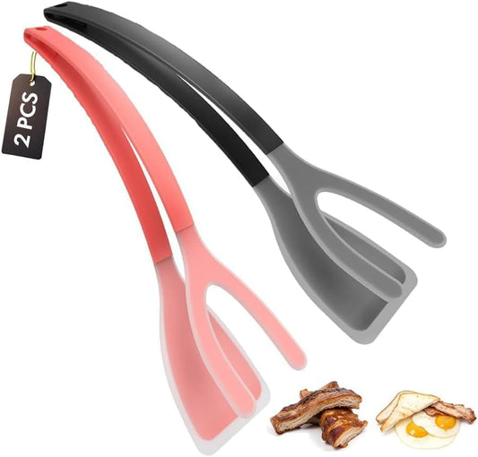 Silicone Kitchen Spatula Tong (Set of 2) – Heat Resistant 2-in-1 Grip & Flip Non-Stick Cooking Tongs for Pancakes, Fish, Eggs, and More – Kitchen Tool Set (Black + Red)
