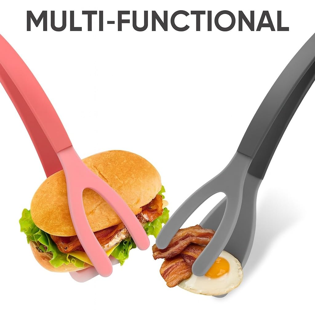 Silicone Kitchen Spatula Tong (Set of 2) – Heat Resistant 2-in-1 Grip & Flip Non-Stick Cooking Tongs for Pancakes, Fish, Eggs, and More – Kitchen Tool Set (Black + Red)