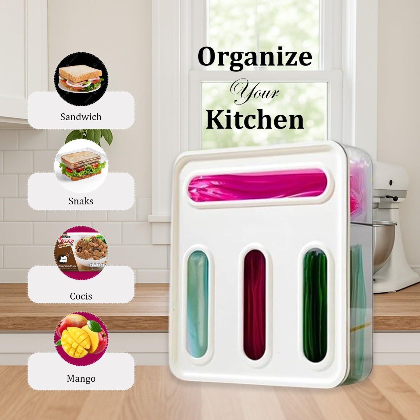 Storage Bag Organizer for Kitchen Ziplock Organizer for Kitchen Drawer – 4 Slot Plastic Storage Baggie Dispenser with Labels, Wall Mount or Drawer Use – Fits Gallon, Quart, Sandwich, Snack Bags