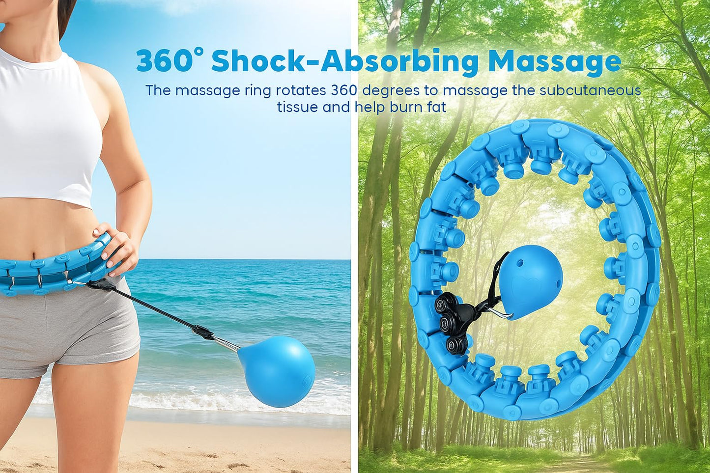 Smart Weighted Hula Hoop for Adults – 24 Detachable Knots, Adjustable Infinity Fitness Hoop for Weight Loss & Exercise, 360° Auto-Spinning Massage Hoop for Women & Beginners (Blue)