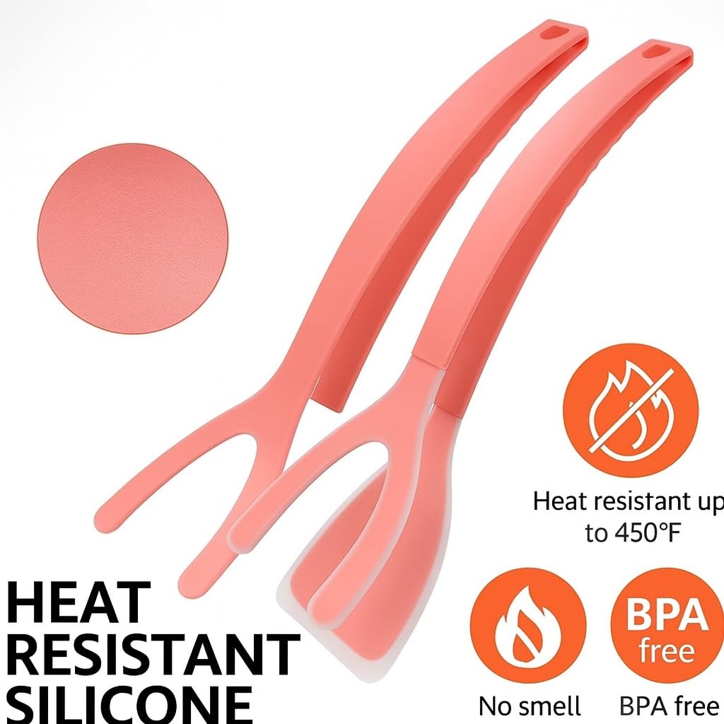 Silicone Kitchen Spatula Tong (Set of 2) – Heat Resistant 2-in-1 Grip & Flip Non-Stick Cooking Tongs for Pancakes, Fish, Eggs, and More – Kitchen Tool Set (Black + Red)