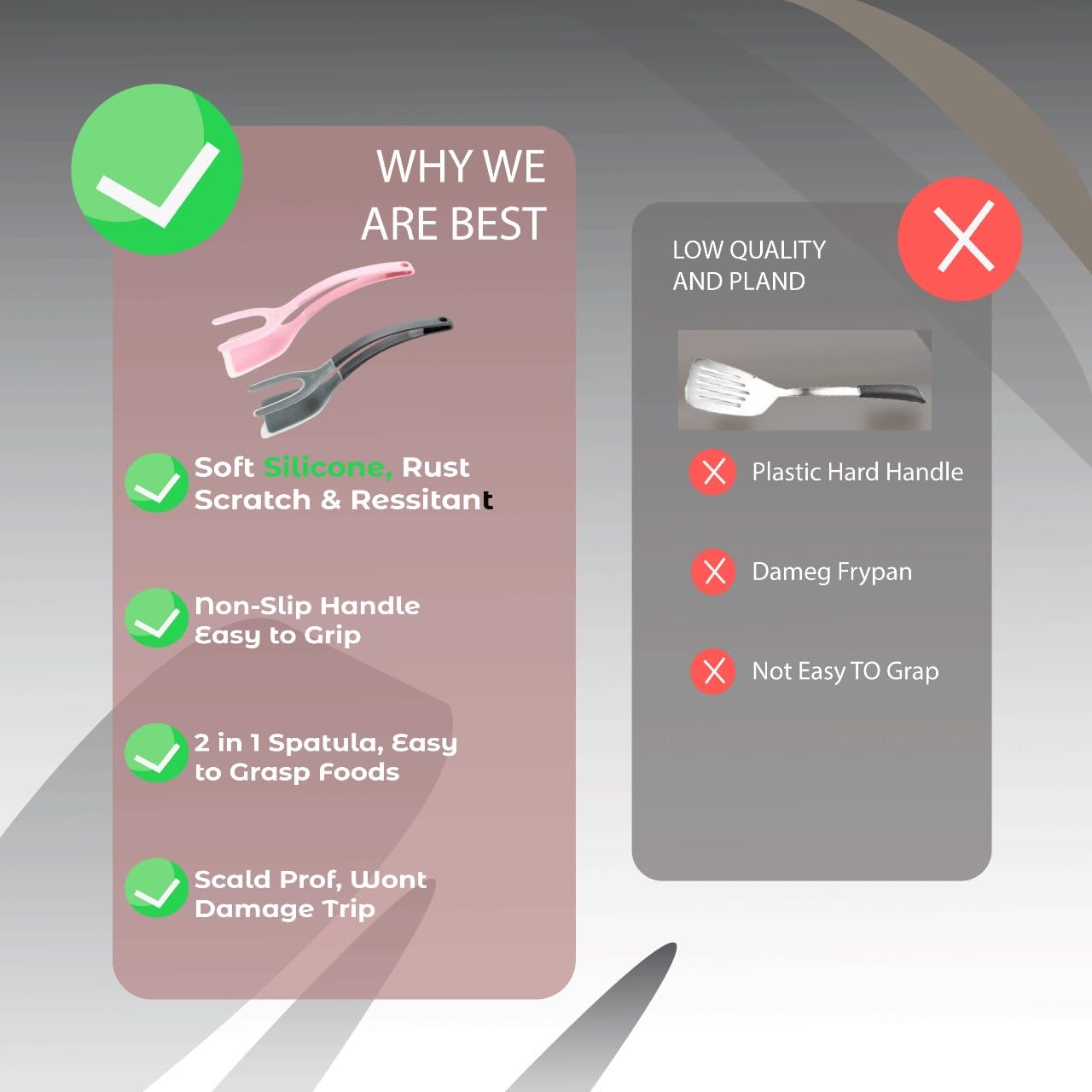 Silicone Kitchen Spatula Tong (Set of 2) – Heat Resistant 2-in-1 Grip & Flip Non-Stick Cooking Tongs for Pancakes, Fish, Eggs, and More – Kitchen Tool Set (Black + Red)