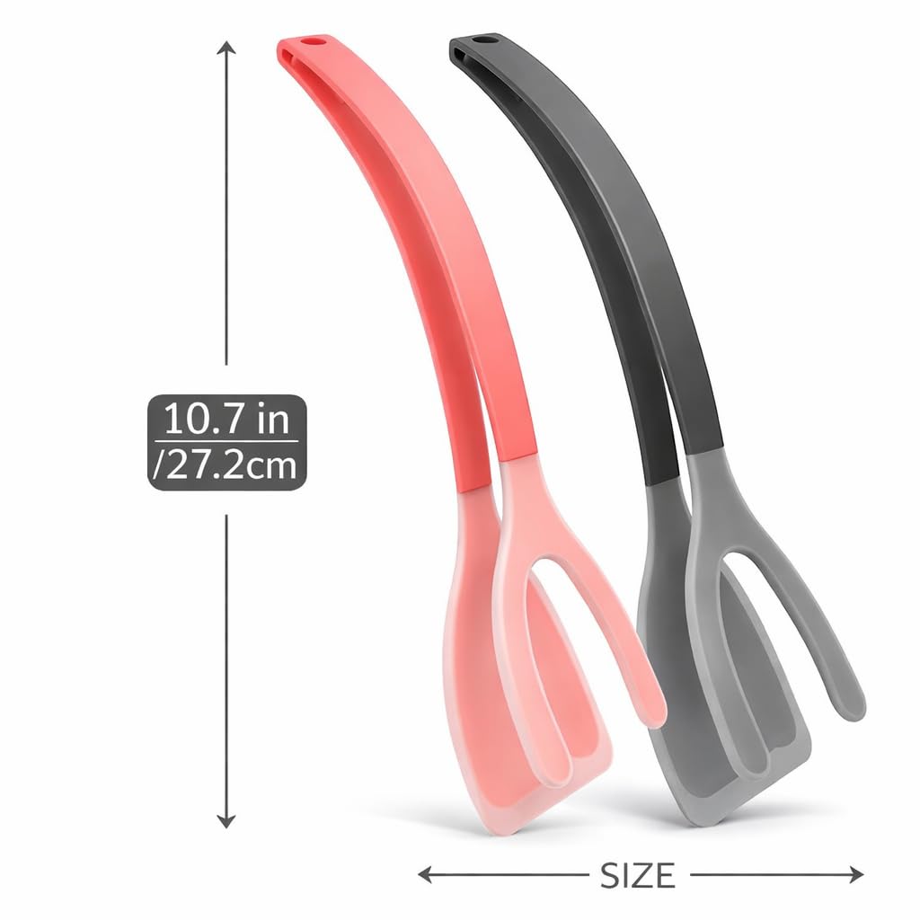 Silicone Spatula Tongs Set of 2 β Heat Resistant 2-in-1 Grip & Flip Non-Stick Cooking Tongs for Pancakes, Eggs, Fish & More β Silicone Kitchen Tool Set (Black & Red)