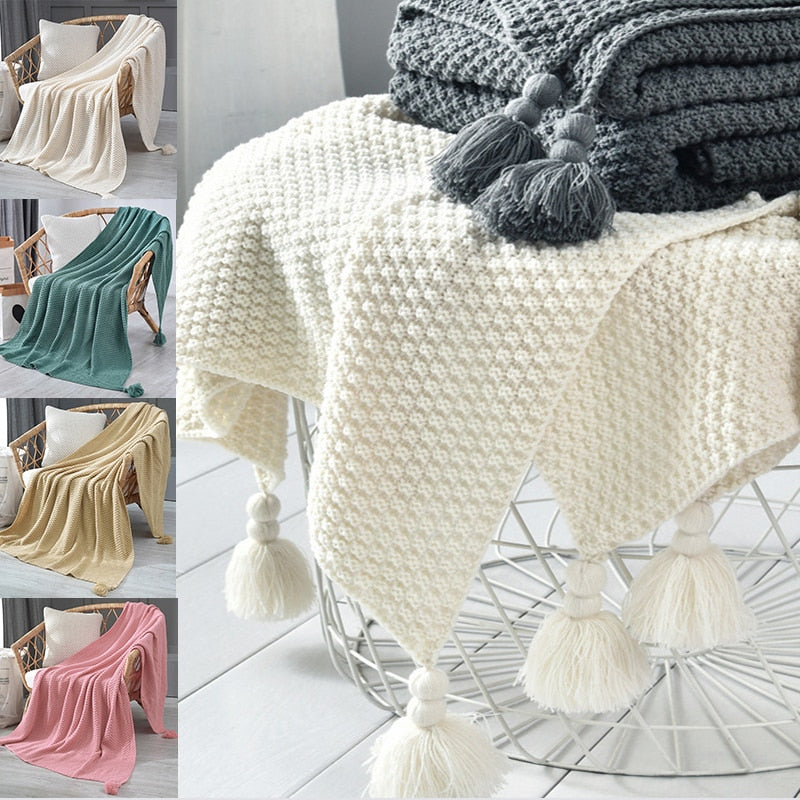 Nordic Tassel Knitted Blanket Solid Fringe