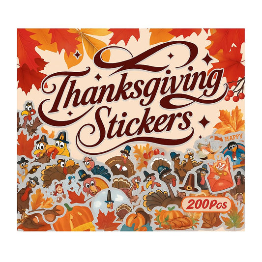 200 Pcs Thanksgiving Stickers Pack – Waterproof Vinyl Fall Stickers for Water Bottles, Laptops, Scrapbooks, Crafts & Party Favors – Cute Autumn Pumpkin, Turkey, Maple Leaf, Corn & Fall Decor Stickers