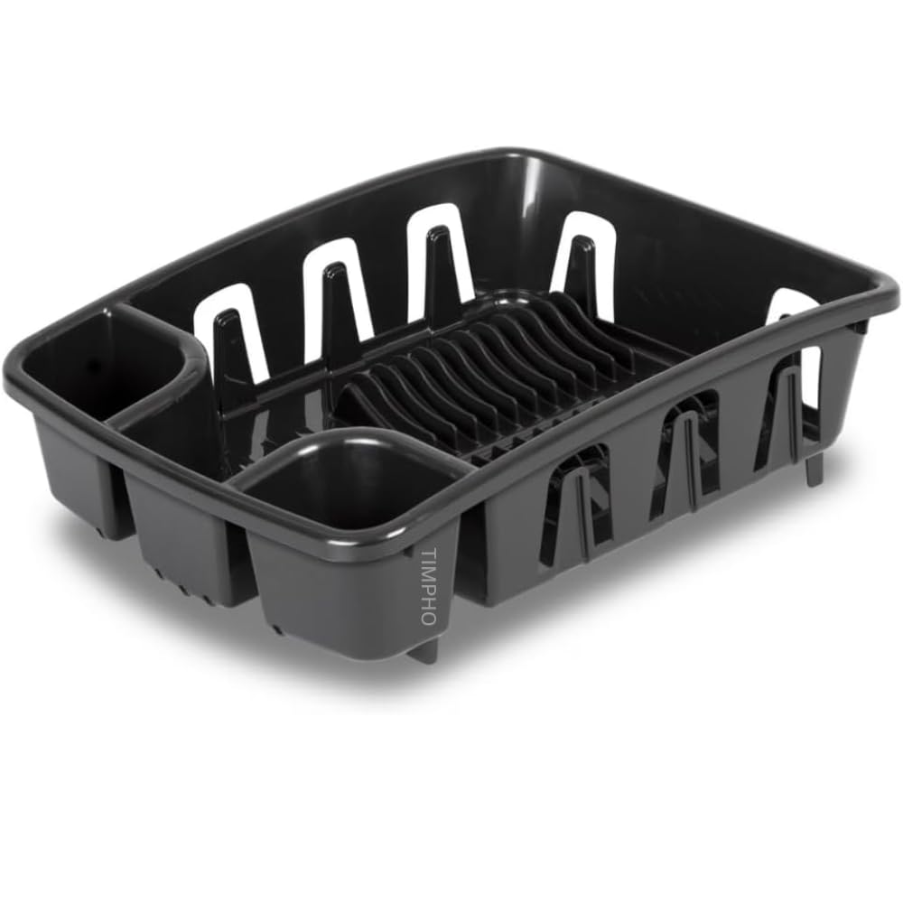 Dish Drying Rack with Drainboard Set, All-in-One Kitchen Dishrack with Inclined Base for Quick Water Drainage, Black Plastic Dish Drainer 2 Pack