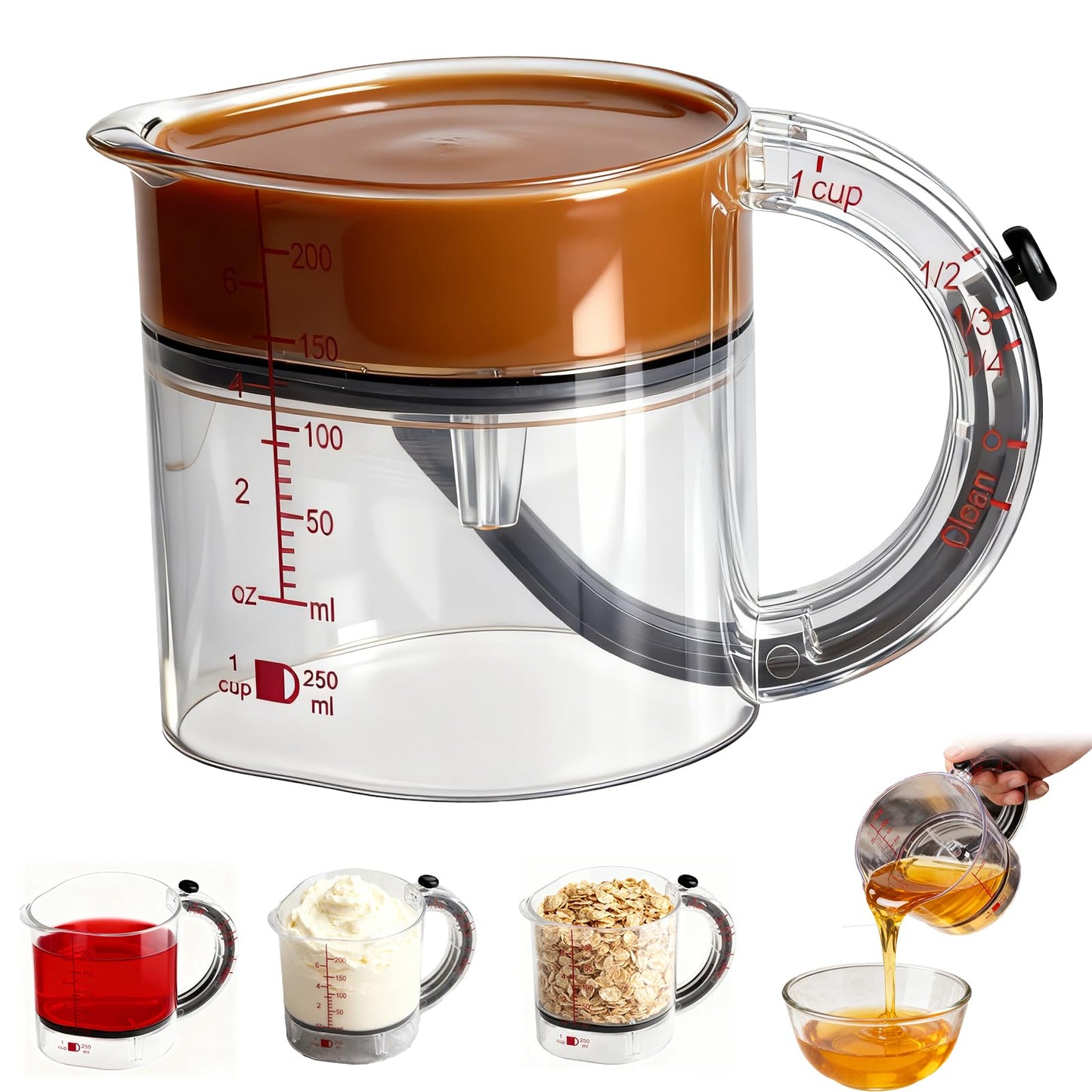 4 in1 Adjustable Measuring Cup with Scraper-Style Seal Base,Multi-Functional Up Cup Measuring Cup,Space-Saving Easy to Clean for Cooking and Baking & Ingredients