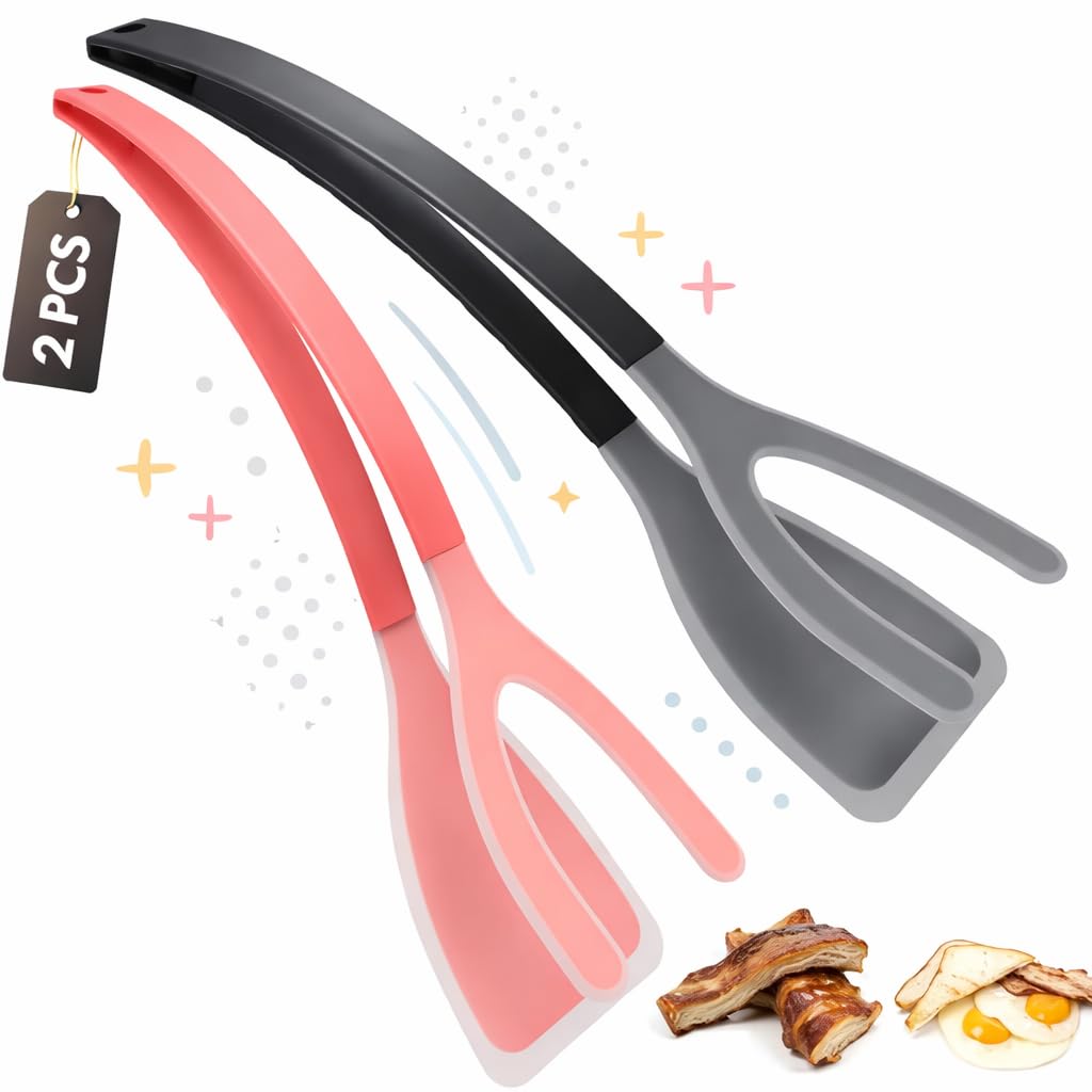 Silicone Spatula Tongs Set of 2 – Heat Resistant 2-in-1 Grip & Flip Non-Stick Cooking Tongs for Pancakes, Eggs, Fish & More – Silicone Kitchen Tool Set (Black & Red)