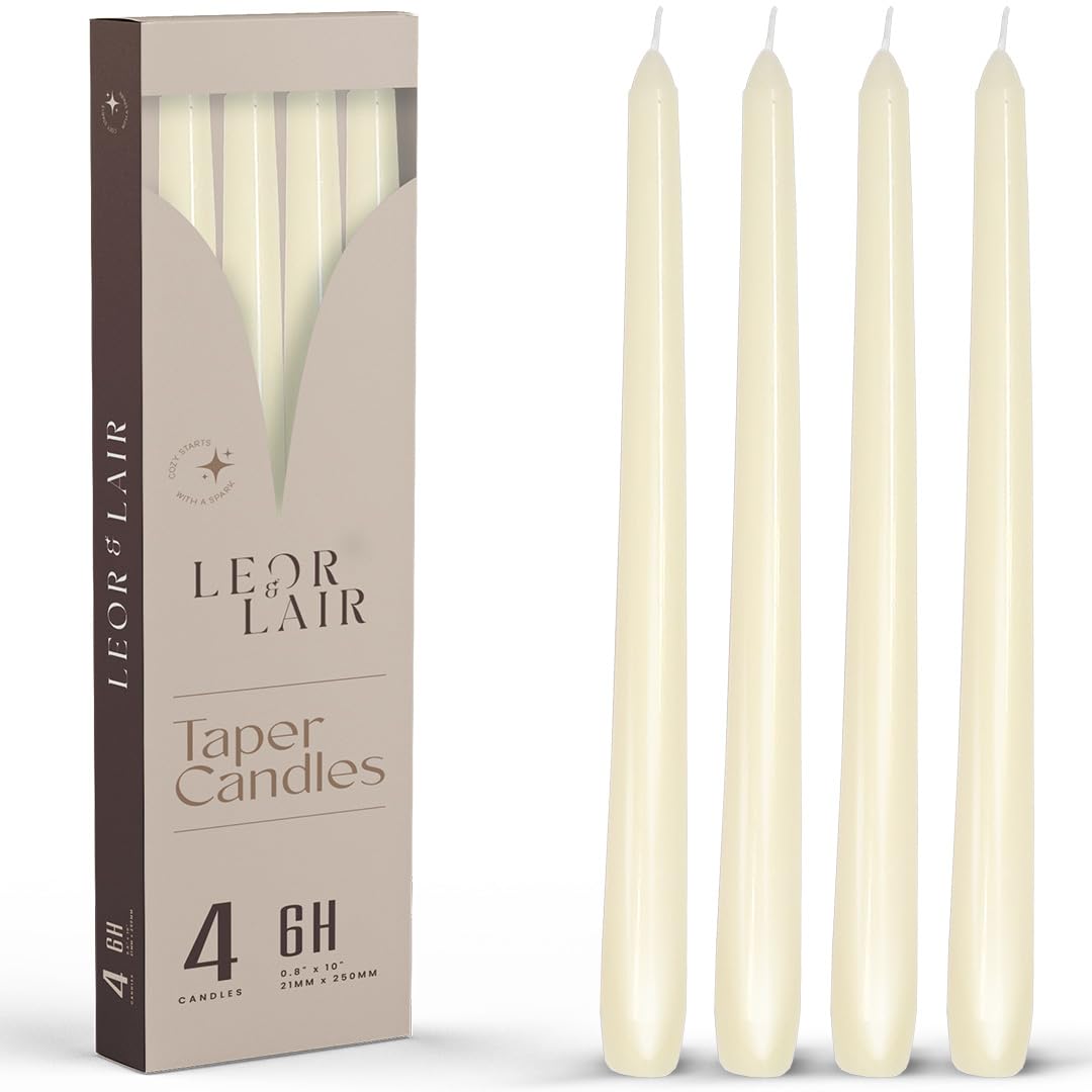 Leor & Lair Ivory Taper Candles - 4 Pack 10" Ivory Candlesticks - Unscented Cream Candle Sticks for Home Decoration, Holiday Tables, Weddings, Restaurants & Business Events