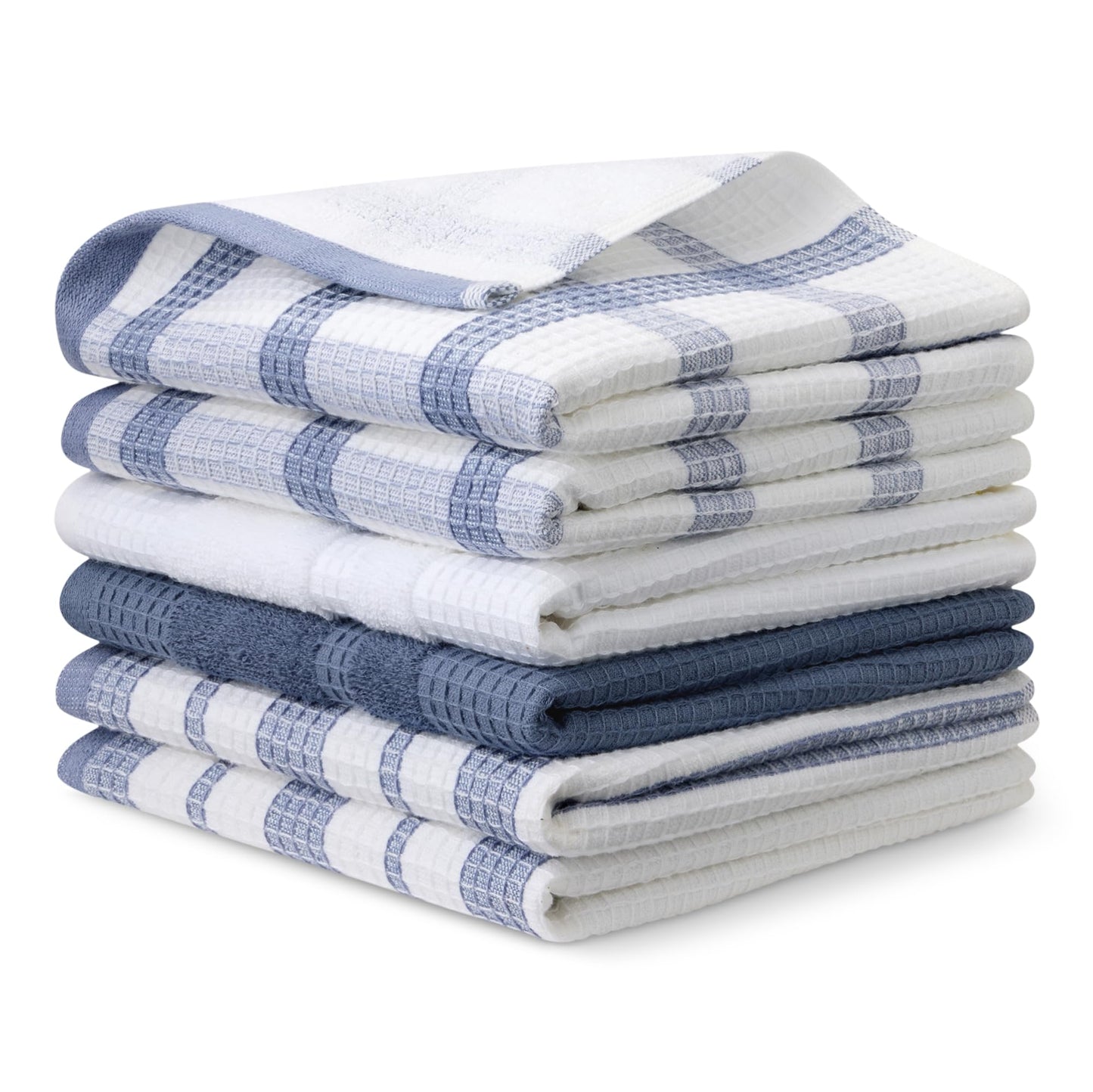 Amazon Basics Organic Cotton Waffle Kitchen Dish Towels - Ultra Absorbent, Quick Drying, Lint-Free, 15 x 25 inches, 6-Pack (4 Navy Strip/Checker, 1 White, 1 Solid Navy)