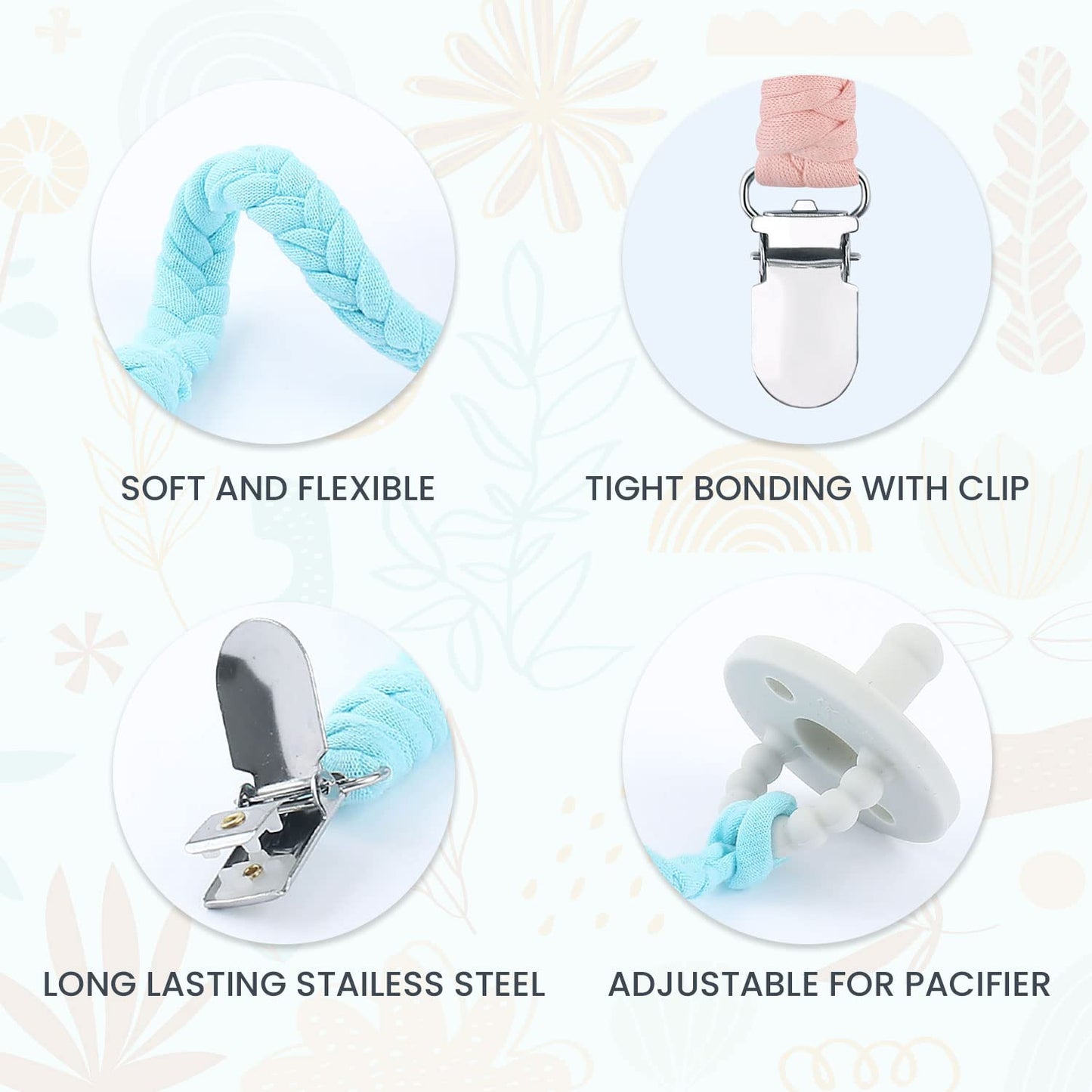Pacifier Clips for Baby Boy and Girls, Handmade Braided Pacifier Holder, Baby Pacifiers Clips Leash Cotton Smoother Binky Clips Newborn Fits All