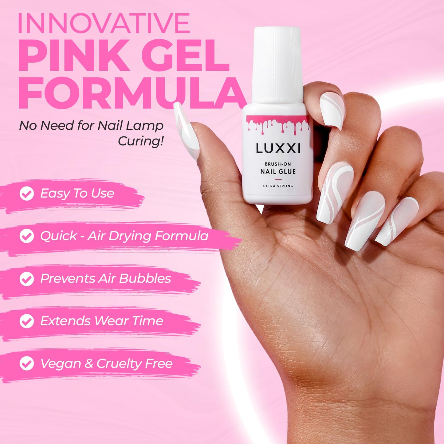 LUXXI Super Strong Brush On Nail Glue for Press On Nails | Best Extra Strength Nail Glue for Long Lasting Extended Wear for Press-Ons, Nail Tips & Acrylic Nails