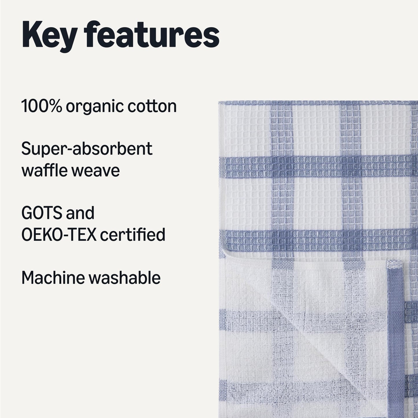 Amazon Basics Organic Cotton Waffle Kitchen Dish Towels - Ultra Absorbent, Quick Drying, Lint-Free, 15 x 25 inches, 6-Pack (4 Navy Strip/Checker, 1 White, 1 Solid Navy)