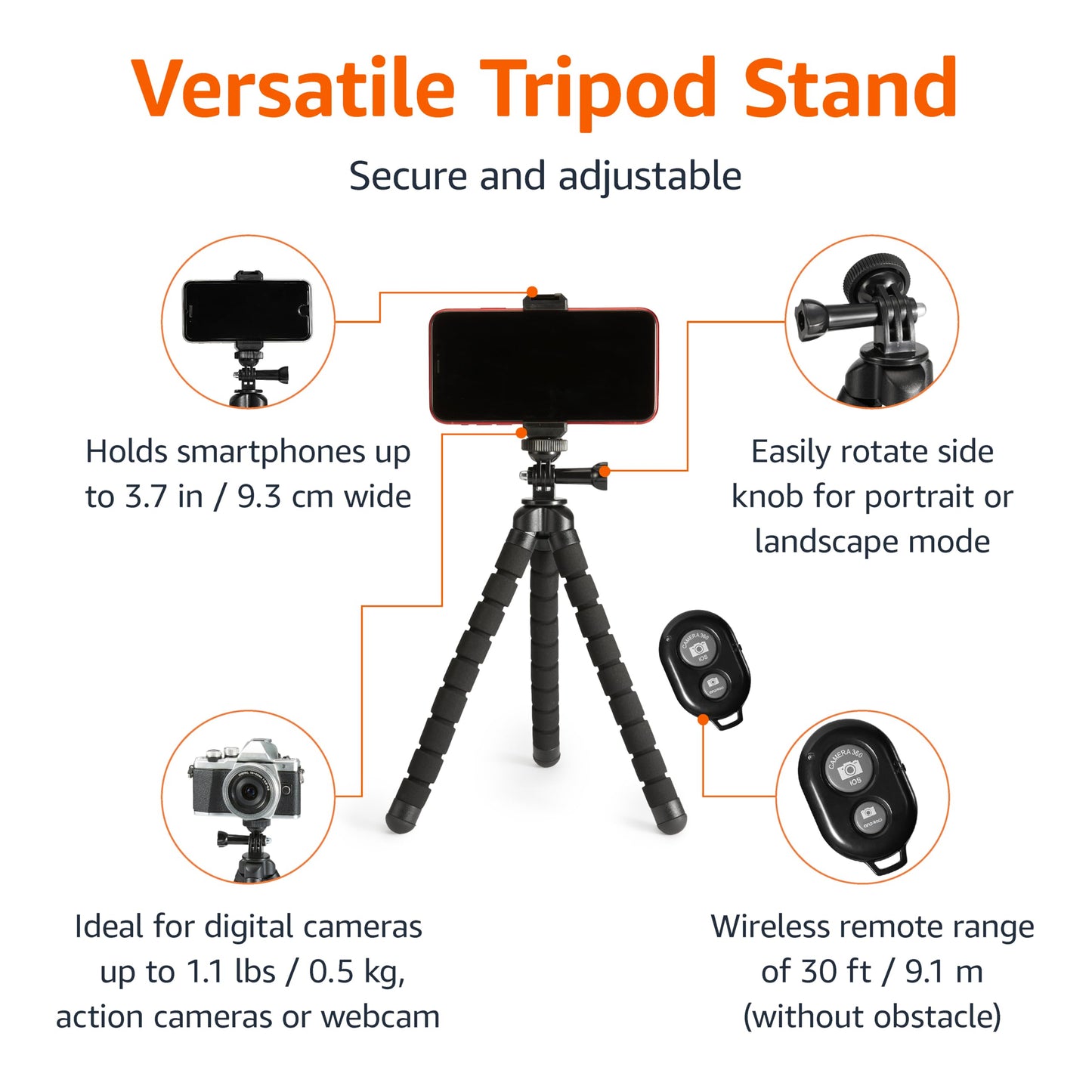 Amazon Basics Portable and Flexible Tripod with Wireless Remote and Smartphone Clamp, 10-inch long, Black