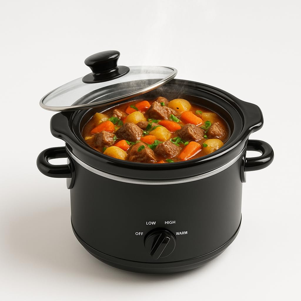 2 Quart Manual Slow Cooker with Removable Stoneware Insert & Glass Lid – Matte Black Crock Pot, Easy Temperature Control, Energy Efficient,