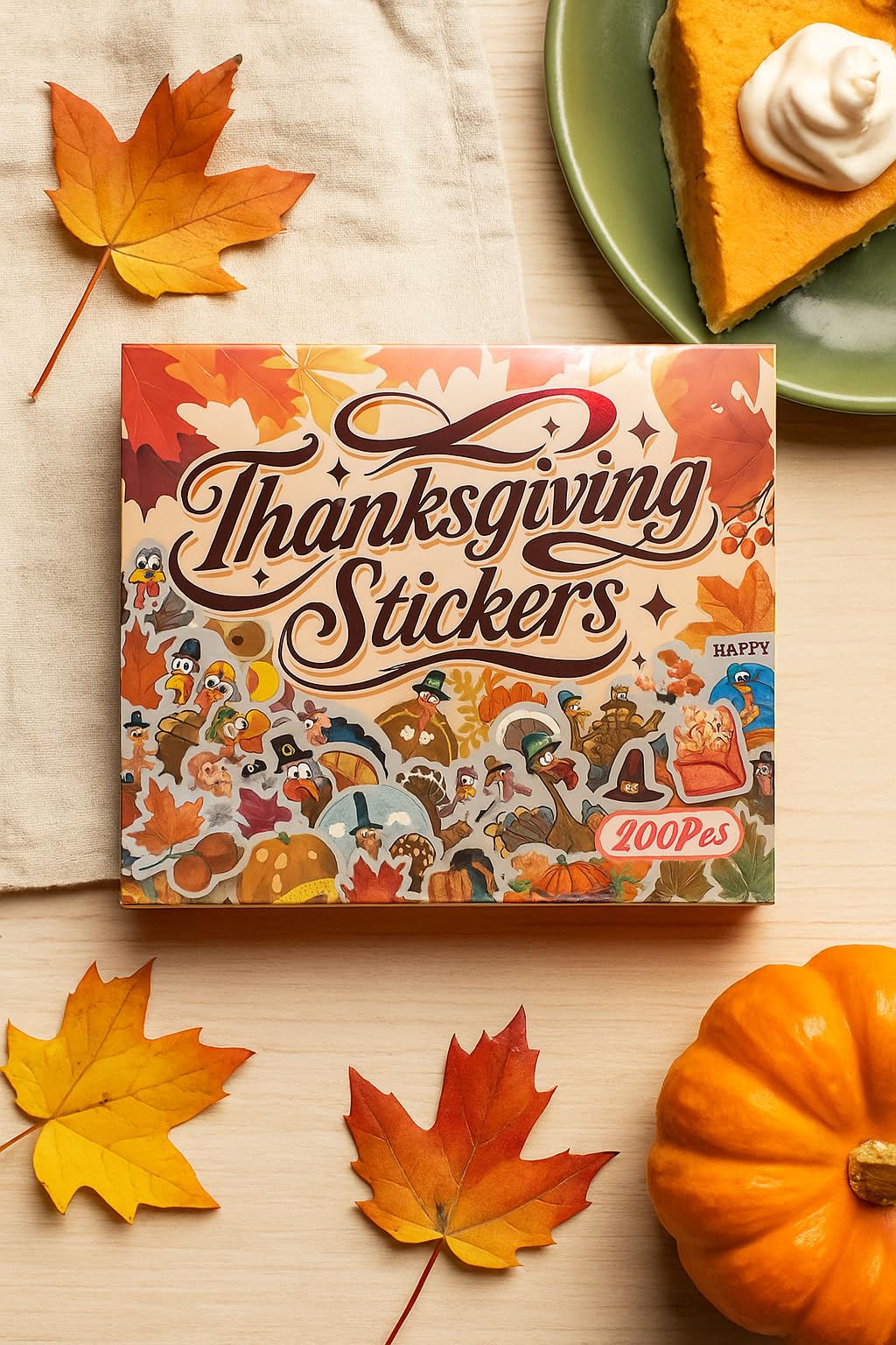 200 Pcs Thanksgiving Stickers Pack – Waterproof Vinyl Fall Stickers for Water Bottles, Laptops, Scrapbooks, Crafts & Party Favors – Cute Autumn Pumpkin, Turkey, Maple Leaf, Corn & Fall Decor Stickers