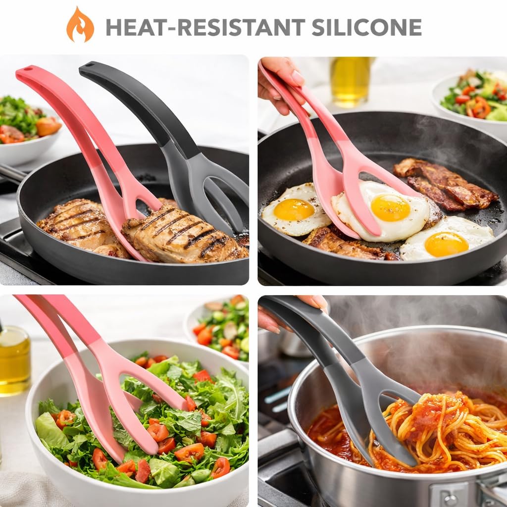 Silicone Spatula Tongs Set of 2 – Heat Resistant 2-in-1 Grip & Flip Non-Stick Cooking Tongs for Pancakes, Eggs, Fish & More – Silicone Kitchen Tool Set (Black & Red)