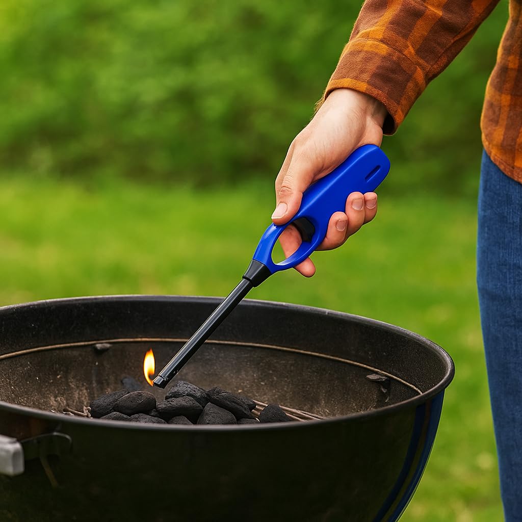 Multipurpose Refillable BBQ Lighter for Grilling, Camping, Fireplace, Candles, Kitchen Use, Long Reach Safety Flame Control, Blue, 1 Unit