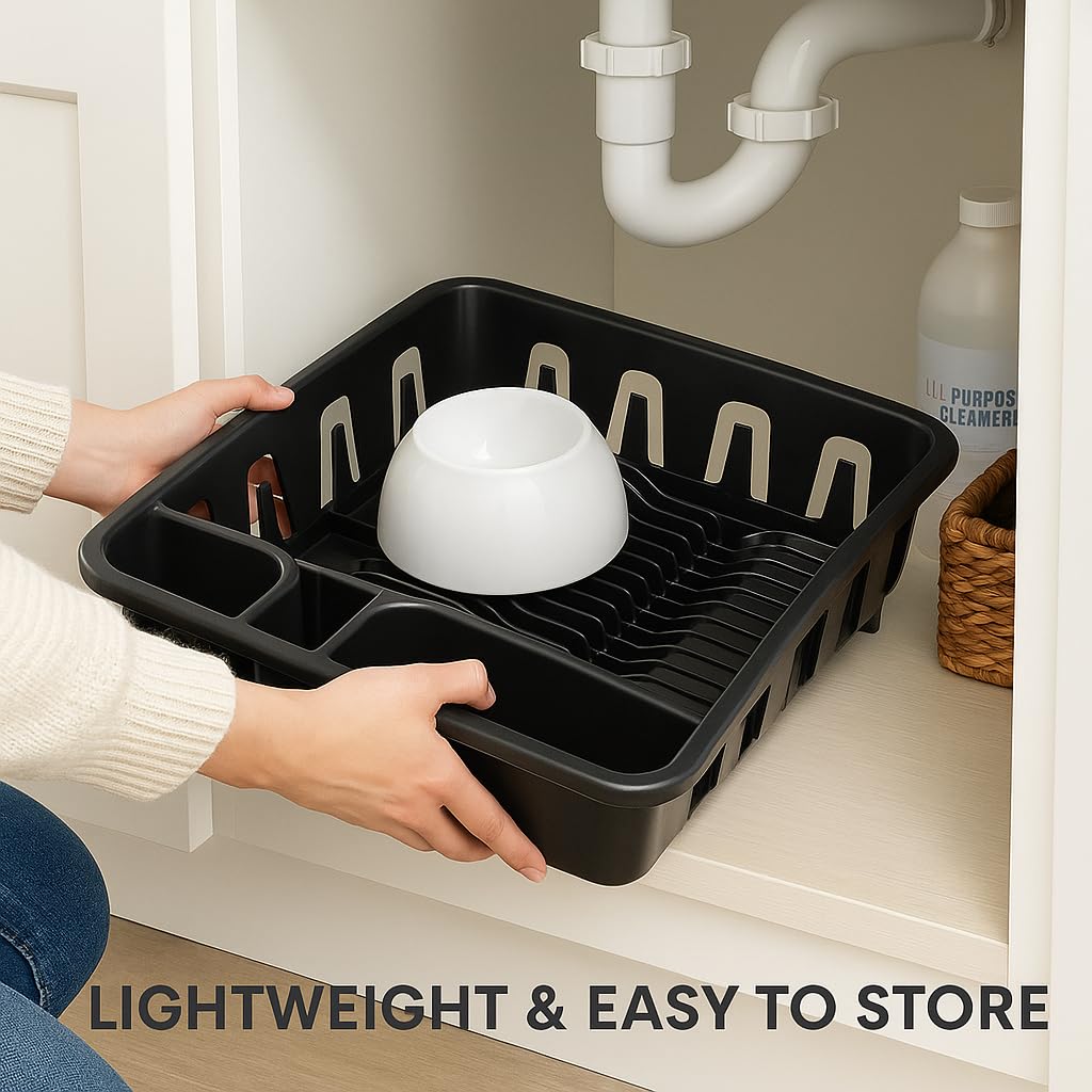 Dish Drying Rack with Drainboard Set, All-in-One Kitchen Dishrack with Inclined Base for Quick Water Drainage, Black Plastic Dish Drainer 2 Pack