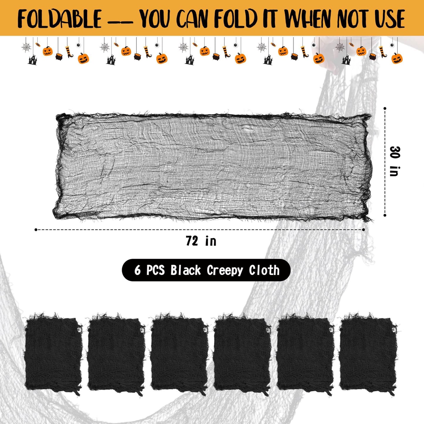6 Pack Black Halloween Creepy Cloth 30x72 Inch - Halloween Gauze Fabric Cheesecloth for Haunted House, Indoor Outdoor Yard Decor, Party Supplies