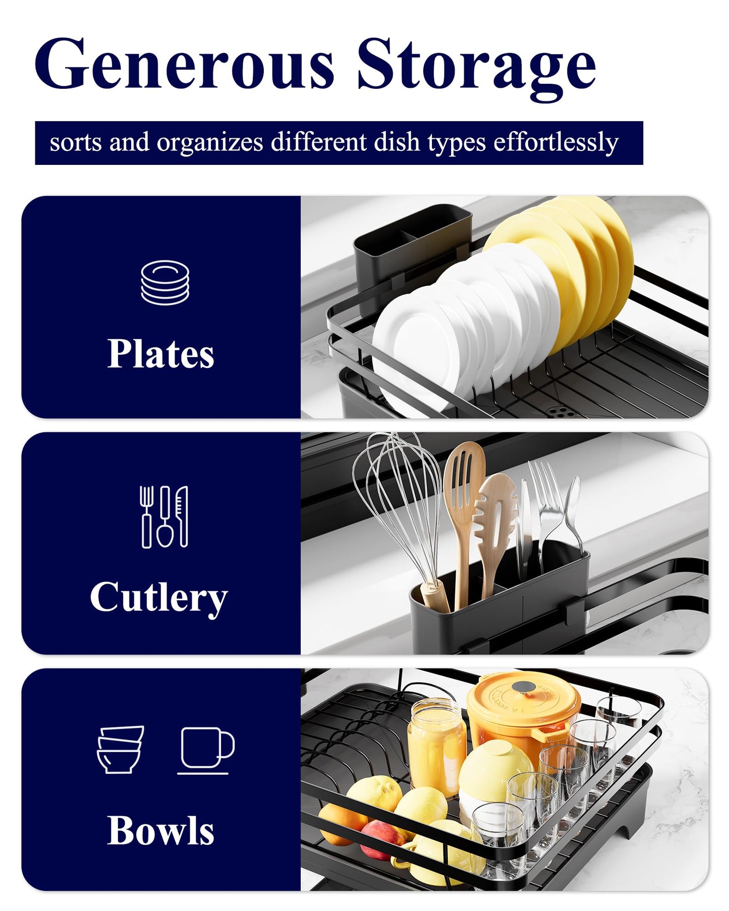 Kitsure Dish Drying Rack - Multi-Functional Dish Rack for Kitchen Counter with Cutlery Holder, Rust-Proof Storage Solution with Rotatable, 18.3" x 12.0" x 5.5", Black