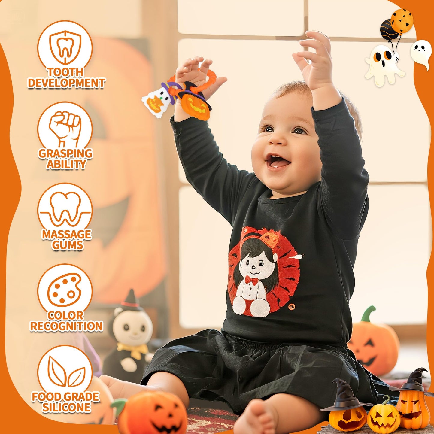 Baby Halloween Teething Toys, Soft Pumpkin & Ghost Textured Silicone Teether for 3-6 6-12 Months, BPA-Free Baby Halloween Teether Toys, Boo Basket Stuffers Sensory Gifts for Infant Boys & Girls