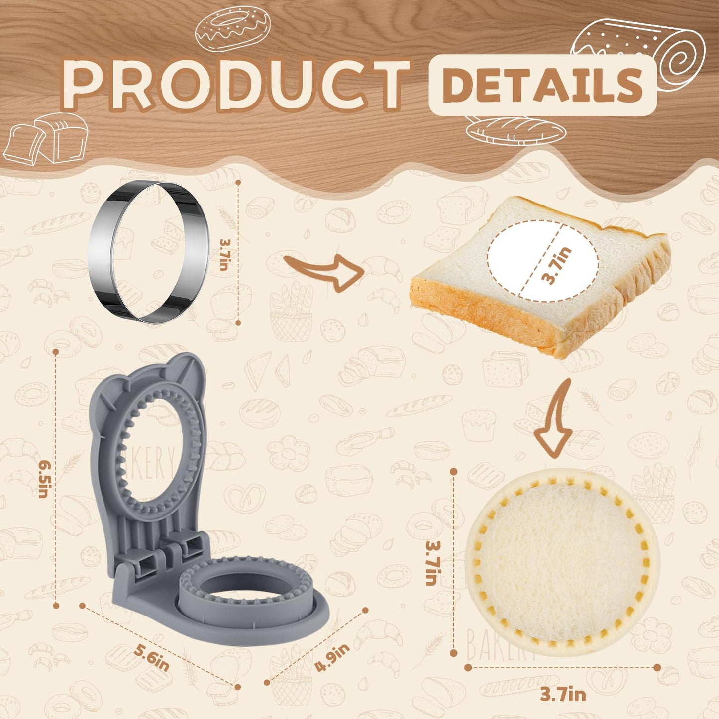 Sandwich Cutter, Maker for Kids Lunch - 3.7 Inch Circle Shape Sandwich Cutter and Sealer, Breakfast & Lunchboxes (Gray)