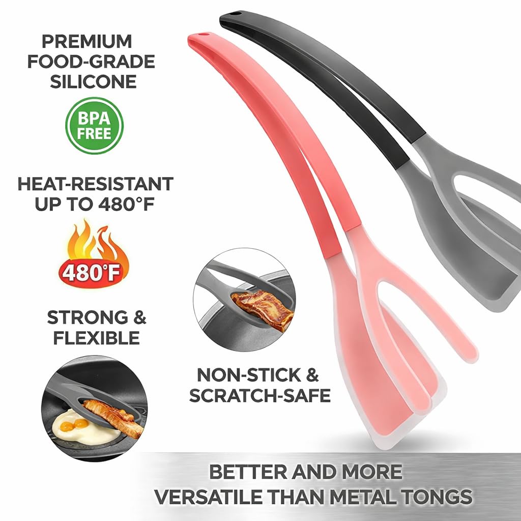 Silicone Spatula Tongs Set of 2 – Heat Resistant 2-in-1 Grip & Flip Non-Stick Cooking Tongs for Pancakes, Eggs, Fish & More – Silicone Kitchen Tool Set (Black & Red)