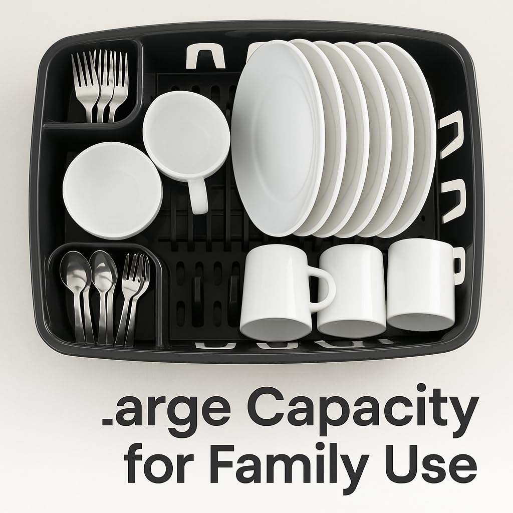 Dish Drying Rack with Drainboard Set, All-in-One Kitchen Dishrack with Inclined Base for Quick Water Drainage, Black Plastic Dish Drainer 2 Pack