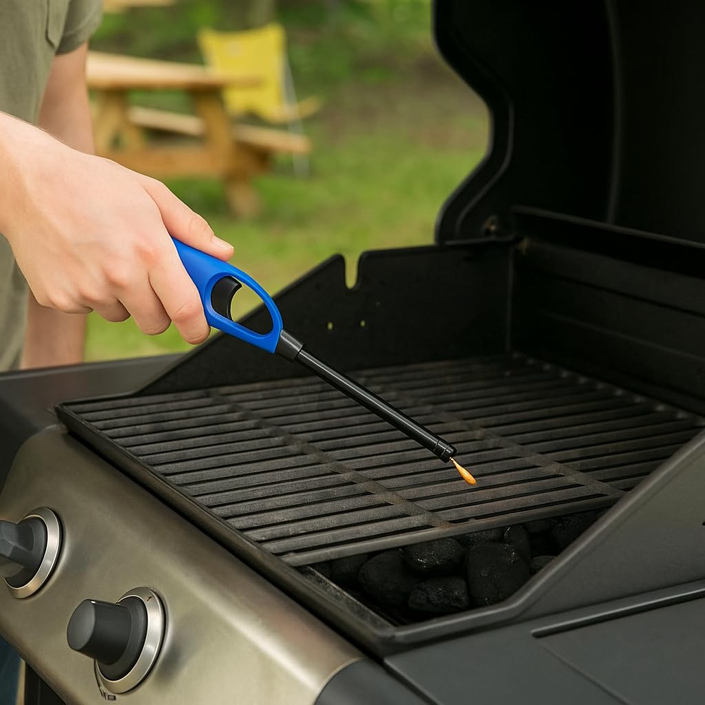 Multipurpose Refillable BBQ Lighter for Grilling, Camping, Fireplace, Candles, Kitchen Use, Long Reach Safety Flame Control, Blue, 1 Unit