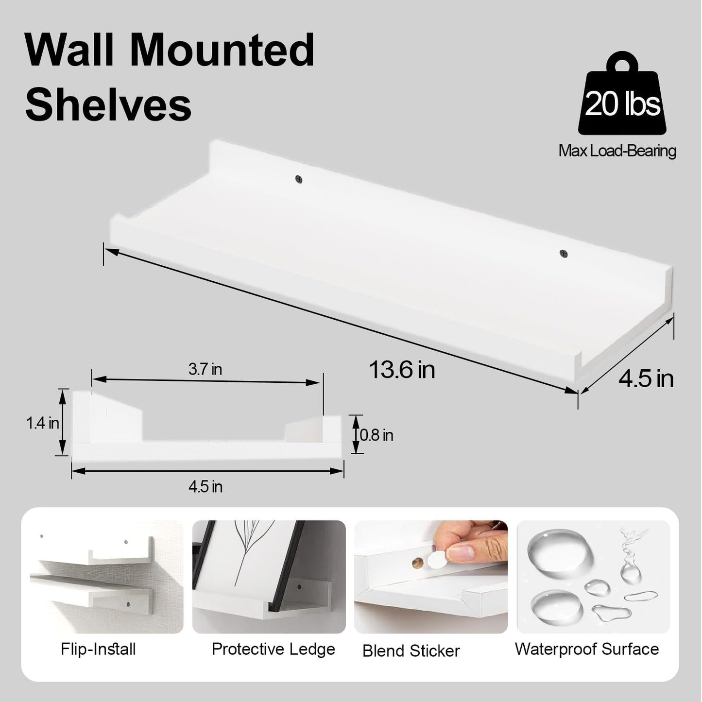 White Floating Shelves for Wall Decor, Wall Mounted Wood Storage Shelf for Bedroom, Living Room, Bathroom, Kitchen, Nursery, Display Picture Ledge Shelf with Lip Set of 2-14 Inches, White