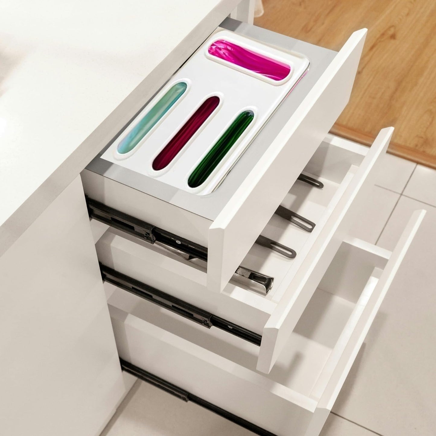 Storage Bag Organizer for Kitchen Ziplock Organizer for Kitchen Drawer – 4 Slot Plastic Storage Baggie Dispenser with Labels, Wall Mount or Drawer Use – Fits Gallon, Quart, Sandwich, Snack Bags