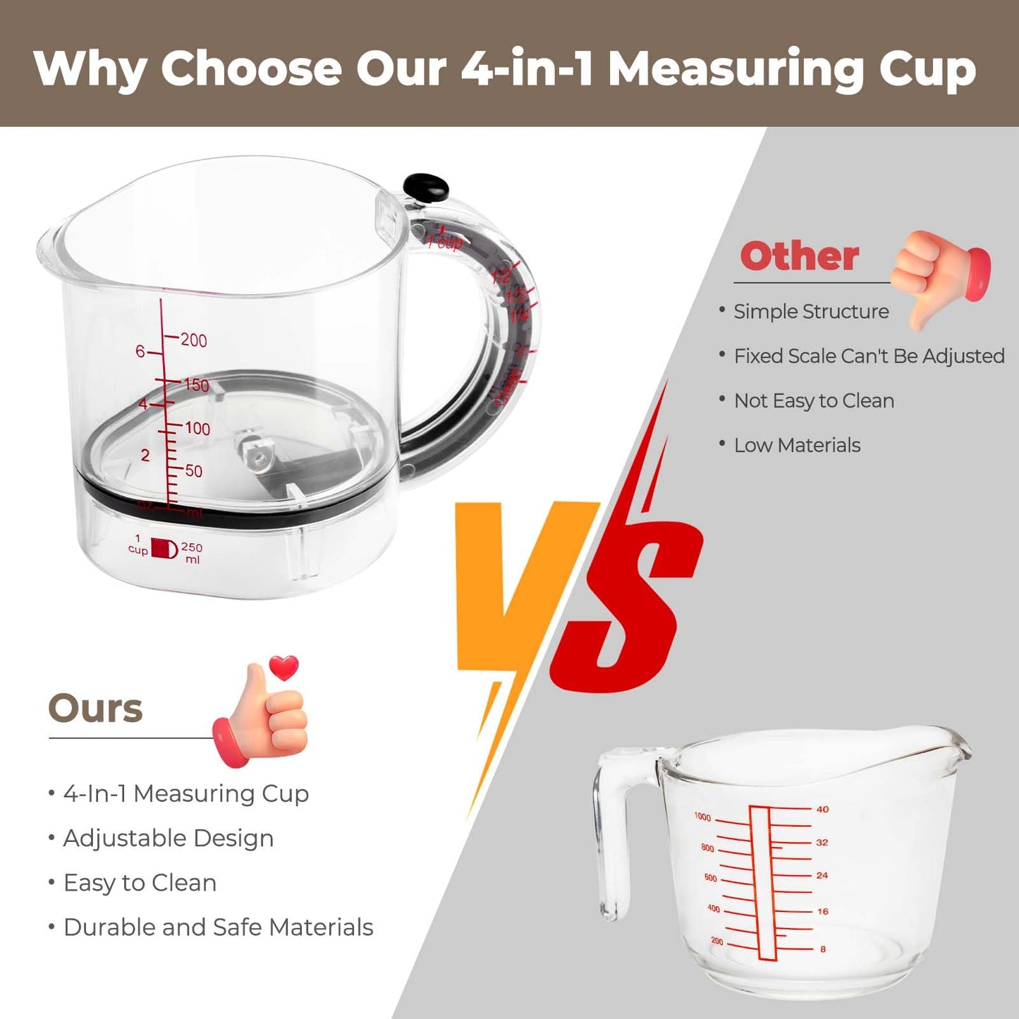 4 in1 Adjustable Measuring Cup with Scraper-Style Seal Base,Multi-Functional Up Cup Measuring Cup,Space-Saving Easy to Clean for Cooking and Baking & Ingredients