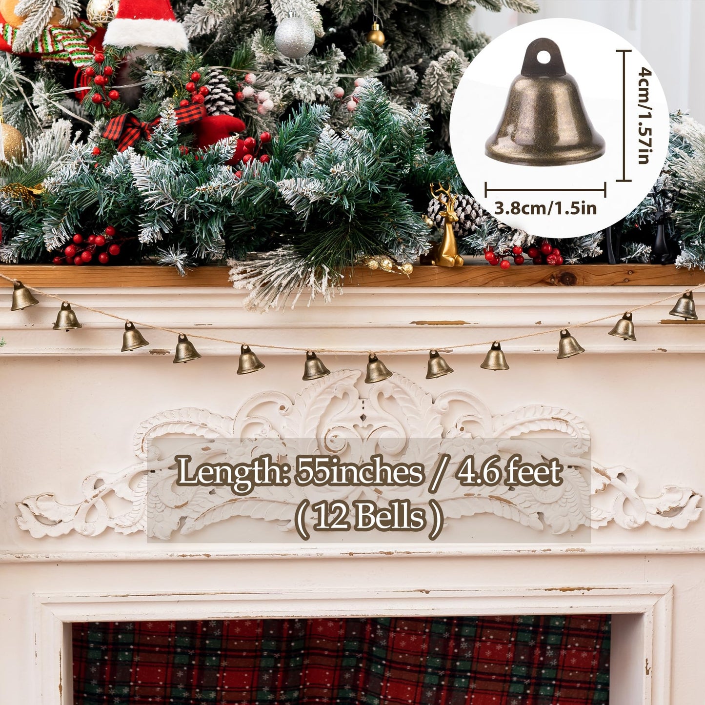 Christmas Decorations-12 Bells Christmas Garland-Rustic Bells Garland Banner for Christmas Tree Mantle Fireplace and Wall Decor