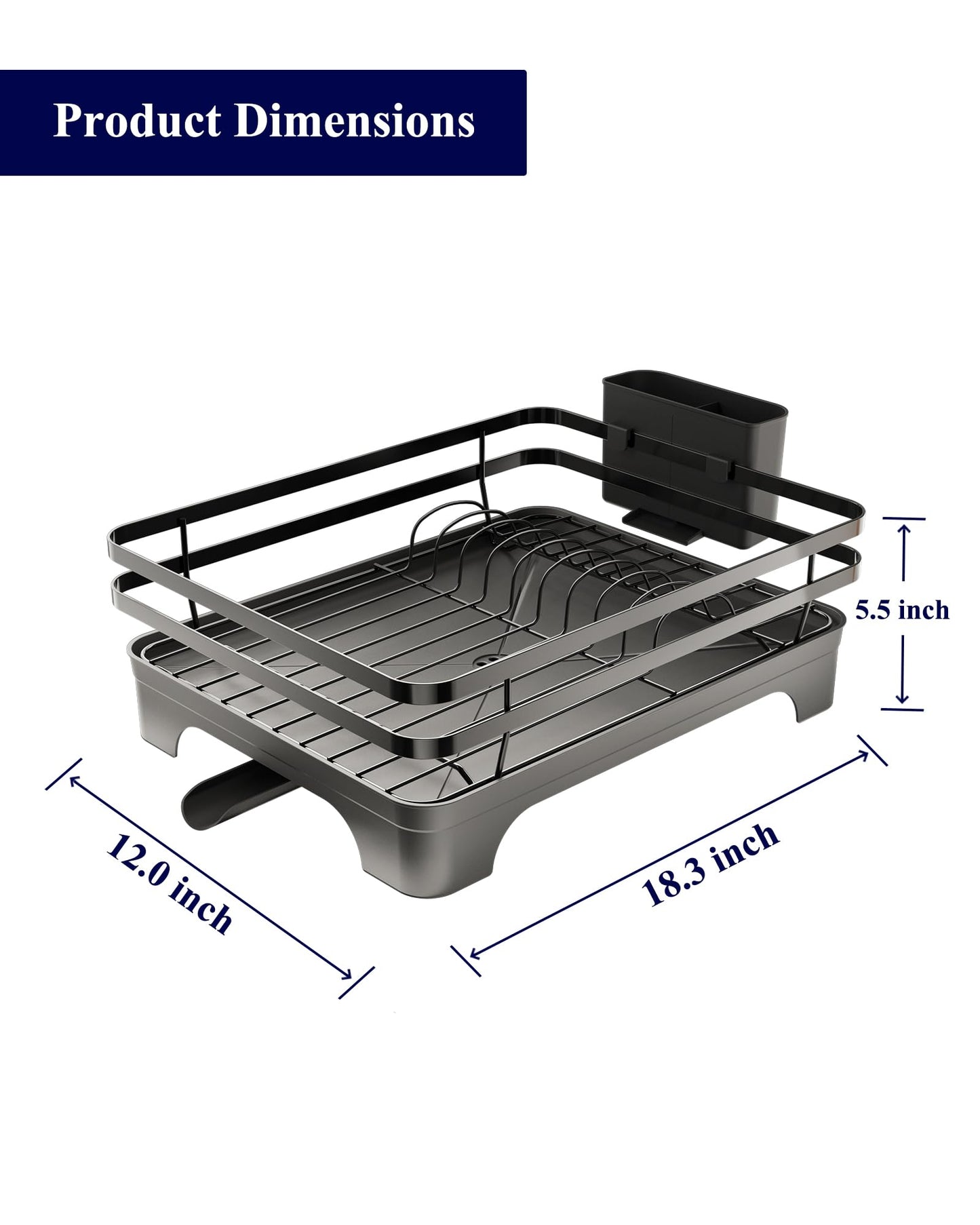 Kitsure Dish Drying Rack - Multi-Functional Dish Rack for Kitchen Counter with Cutlery Holder, Rust-Proof Storage Solution with Rotatable, 18.3" x 12.0" x 5.5", Black