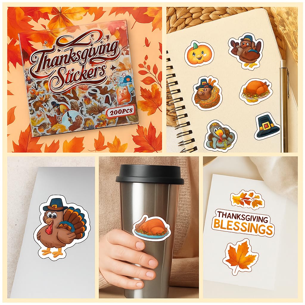200 Pcs Thanksgiving Stickers Pack – Waterproof Vinyl Fall Stickers for Water Bottles, Laptops, Scrapbooks, Crafts & Party Favors – Cute Autumn Pumpkin, Turkey, Maple Leaf, Corn & Fall Decor Stickers