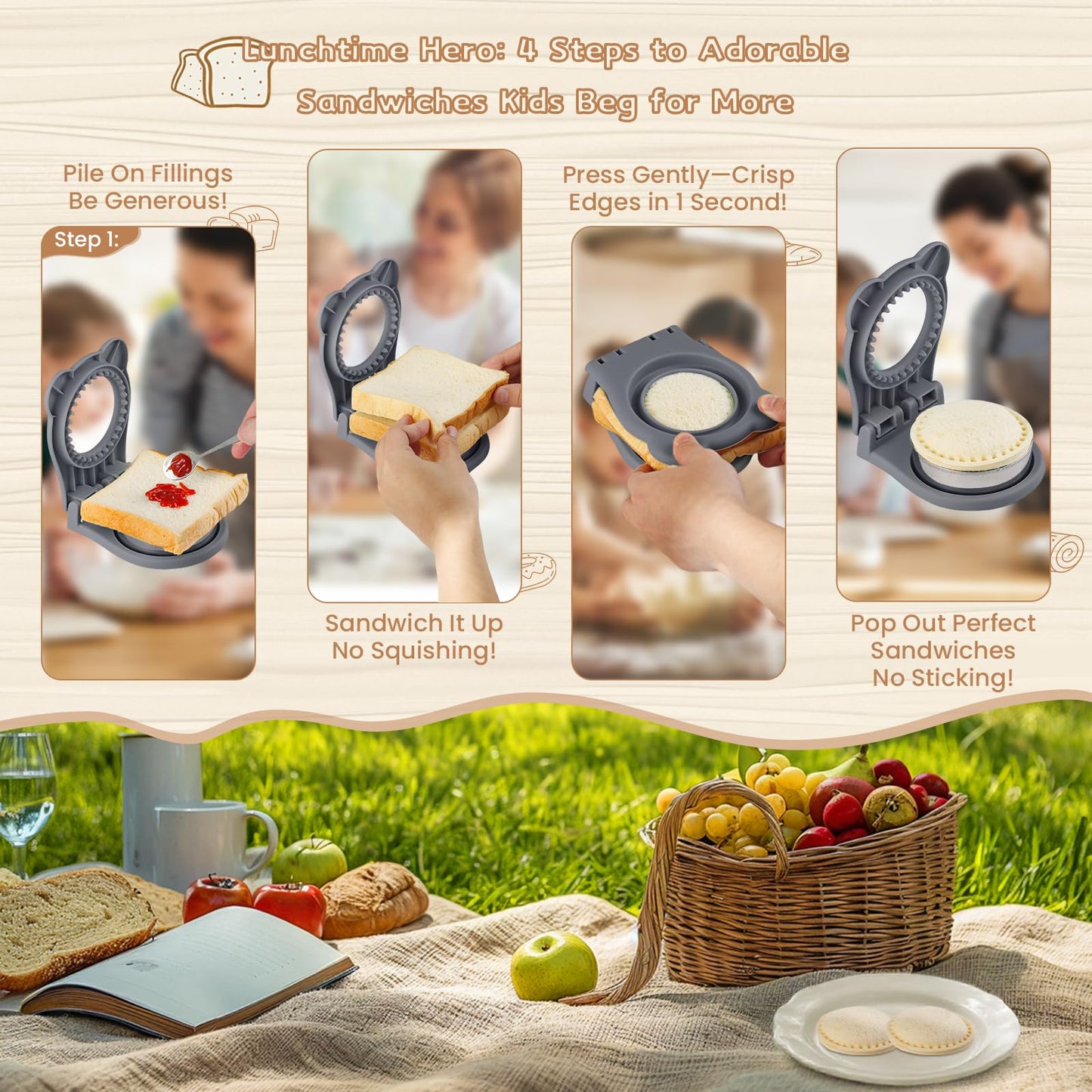Sandwich Cutter, Maker for Kids Lunch - 3.7 Inch Circle Shape Sandwich Cutter and Sealer, Breakfast & Lunchboxes (Gray)