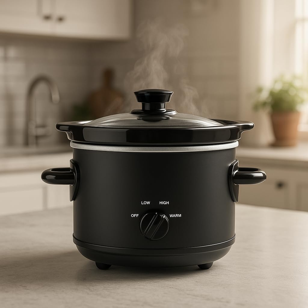 2 Quart Manual Slow Cooker with Removable Stoneware Insert & Glass Lid – Matte Black Crock Pot, Easy Temperature Control, Energy Efficient,