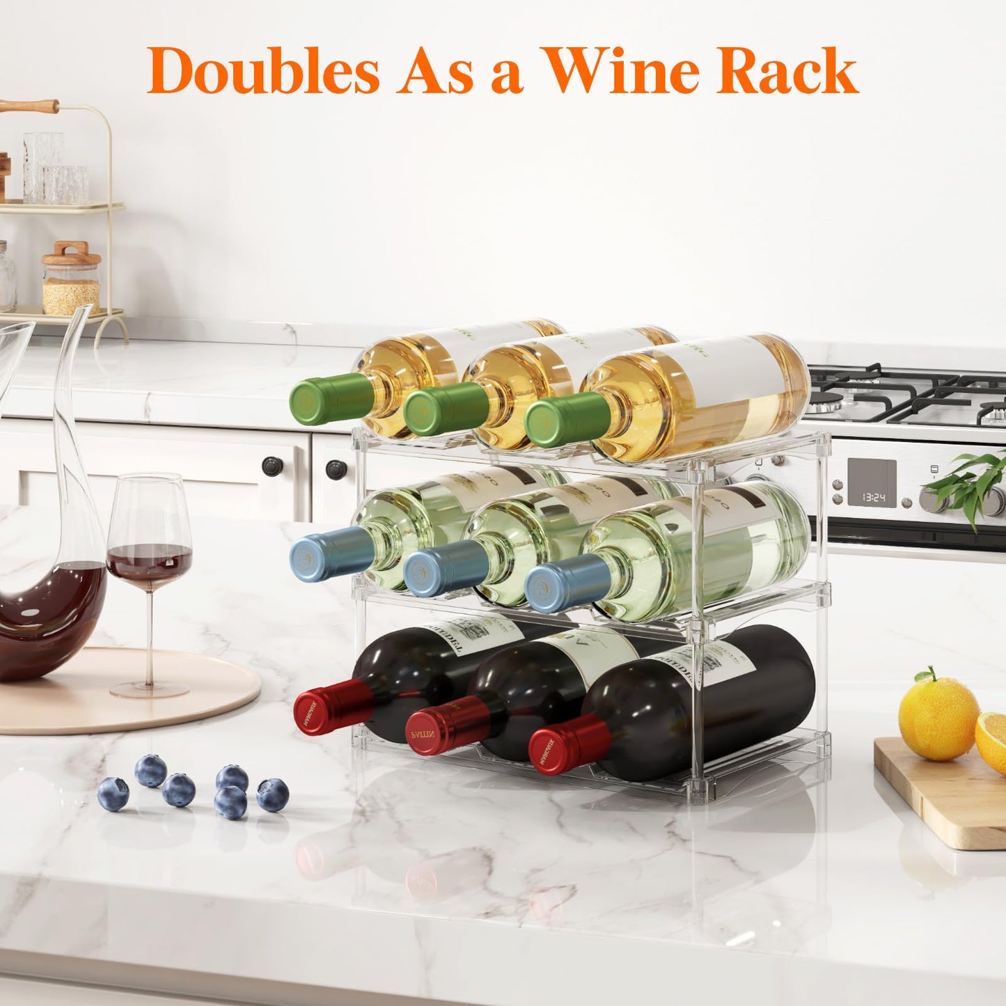 Lifewit Stackable Water Bottle Storage Organizer, Clear Freestanding Wine Bottle Holder for Cabinet, Tumbler Cup Organizer, Plastic Large Compartment Wine Rack for Fridge Cellar, 3Tier Hold 9