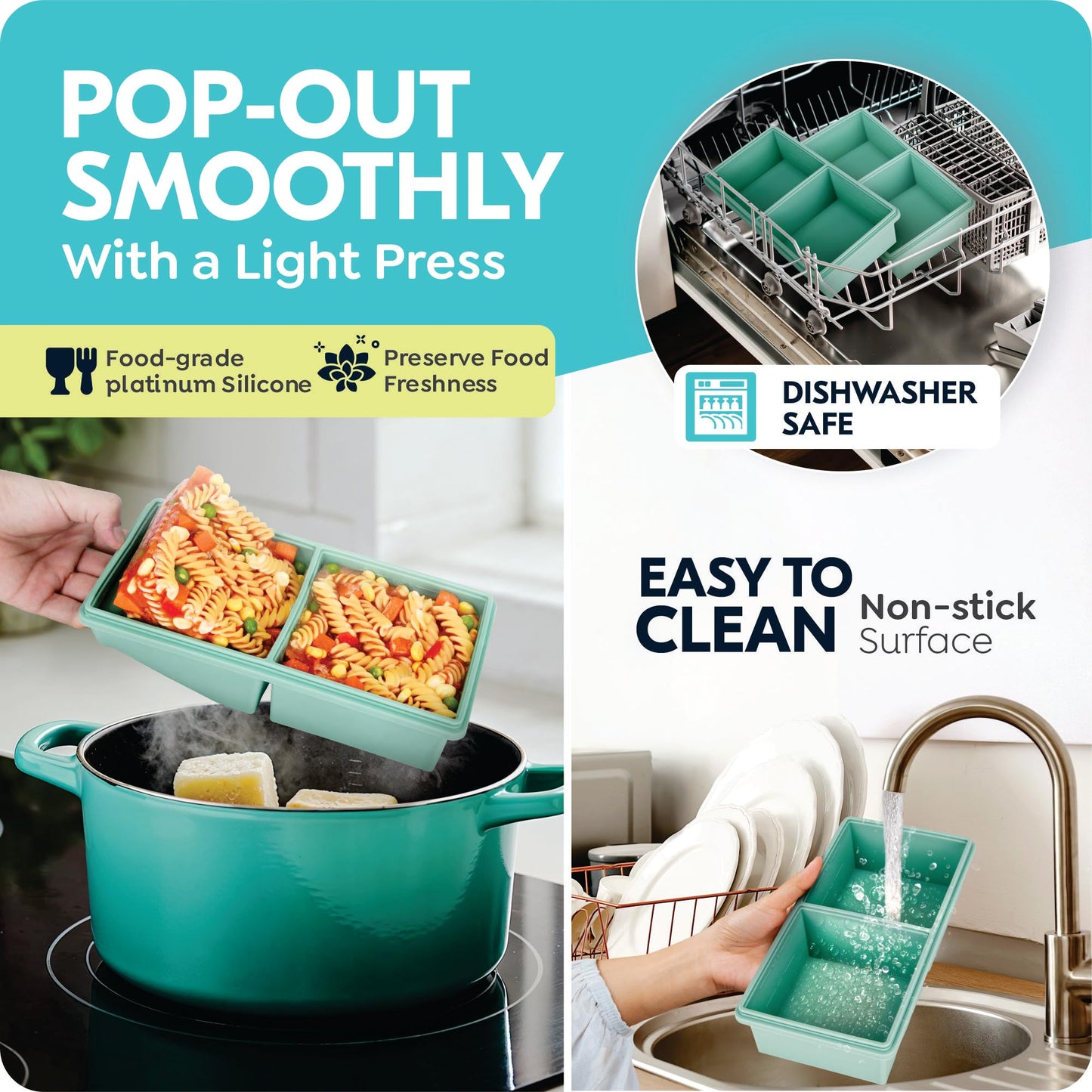 2 cup Silicone Freezer Trays with Lids, Silicone Soup Freezer Molds, Easily prepare portioned meals, Great for storing soups, lasagna, leftovers, sauces and other dishes, Dishwasher, Oven Safe