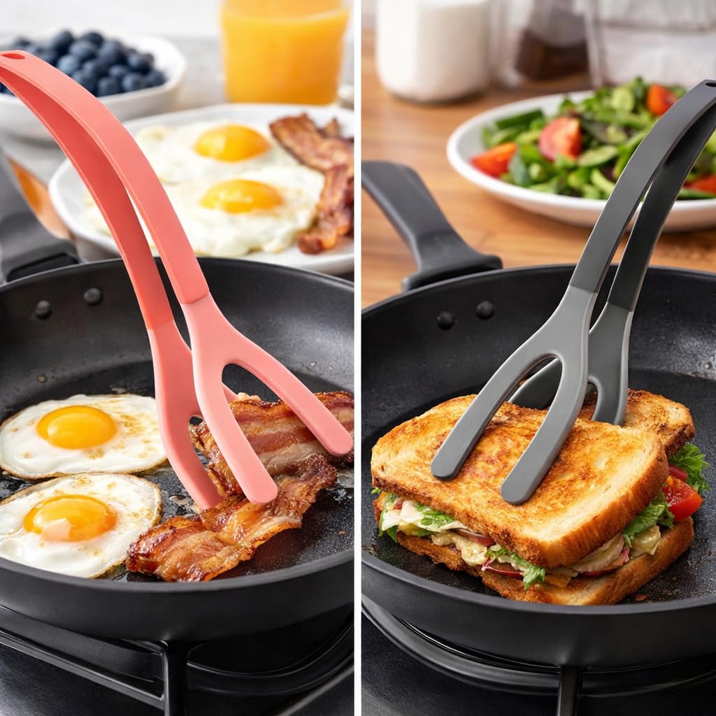 Silicone Spatula Tongs Set of 2 – Heat Resistant 2-in-1 Grip & Flip Non-Stick Cooking Tongs for Pancakes, Eggs, Fish & More – Silicone Kitchen Tool Set (Black & Red)