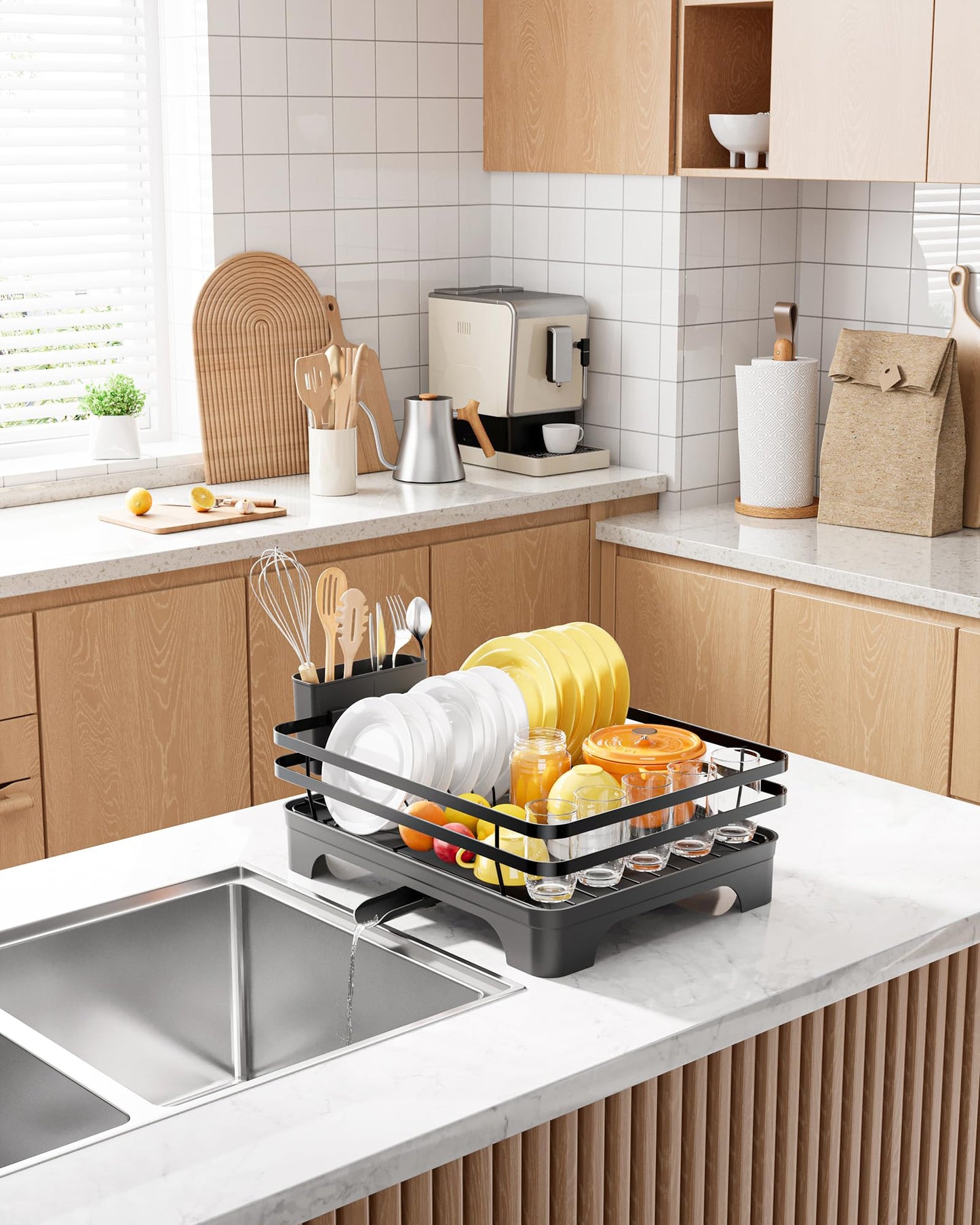 Kitsure Dish Drying Rack - Multi-Functional Dish Rack for Kitchen Counter with Cutlery Holder, Rust-Proof Storage Solution with Rotatable, 18.3" x 12.0" x 5.5", Black