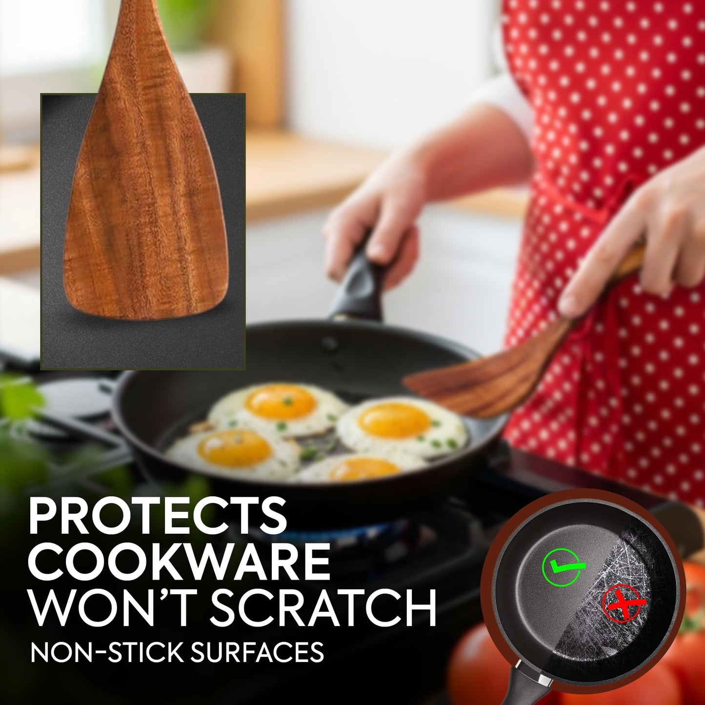 Wooden Spatula, Pancake Spatula, Teak wood spatulas Long Handle Flat Frying Turner Egg spatula for flipping, wooden spoons for cooking, Kitchen Utensil set, Non-Stick Cooking Utensils for kitchen use