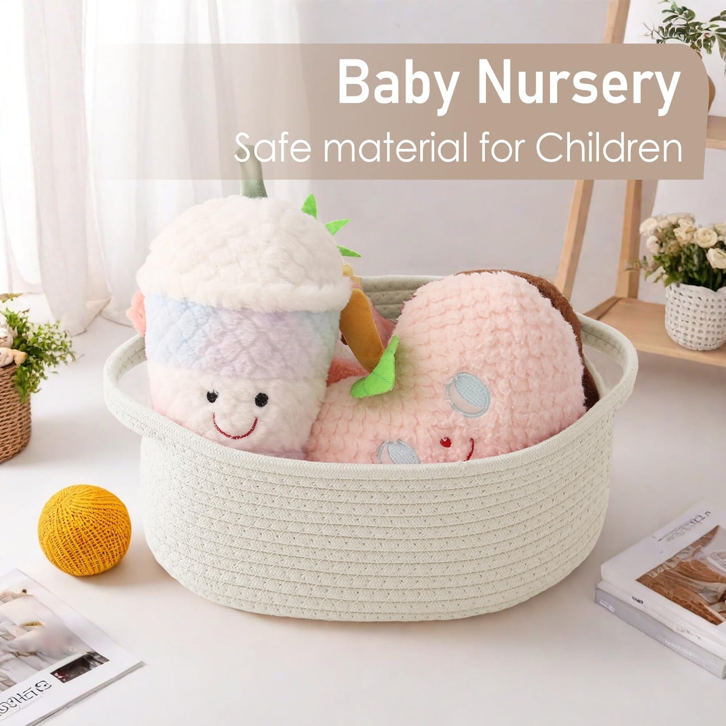 Woven Basket,Small Rope Storage Bin with Handles & Ribbon Bag, Organizer for Shelves Closets,Gift Basket Empty for Birthday,Books,Dog Toys,White