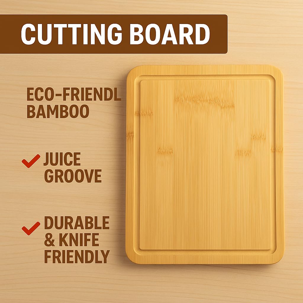Large Bamboo Cutting Board with Juice Groove, Non-Slip 8.5 x 11 inch, Durable Wooden Chopping Board for Kitchen, Meat, Vegetables, Fruit, Cheese
