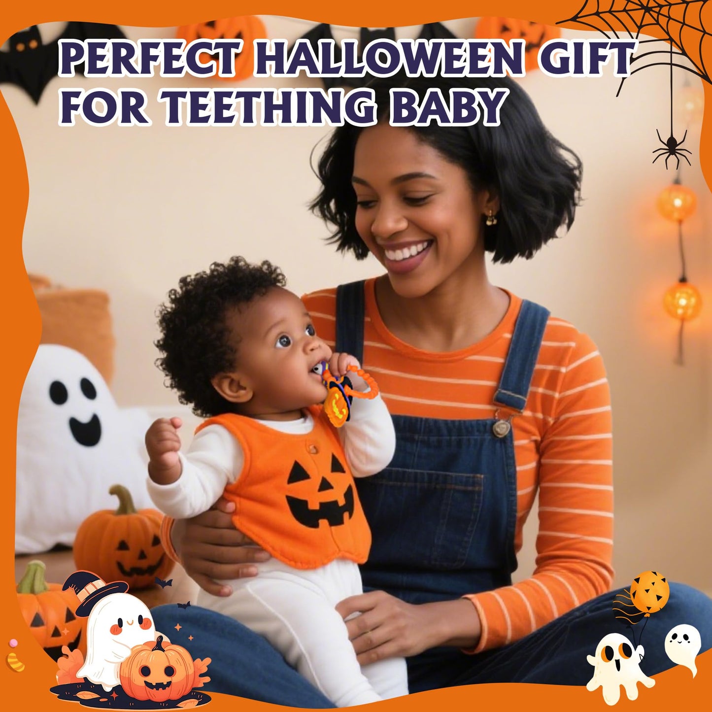 Baby Halloween Teething Toys, Soft Pumpkin & Ghost Textured Silicone Teether for 3-6 6-12 Months, BPA-Free Baby Halloween Teether Toys, Boo Basket Stuffers Sensory Gifts for Infant Boys & Girls