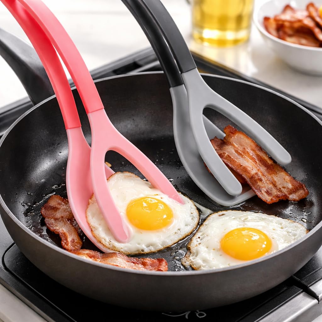 Silicone Spatula Tongs Set of 2 – Heat Resistant 2-in-1 Grip & Flip Non-Stick Cooking Tongs for Pancakes, Eggs, Fish & More – Silicone Kitchen Tool Set (Black & Red)