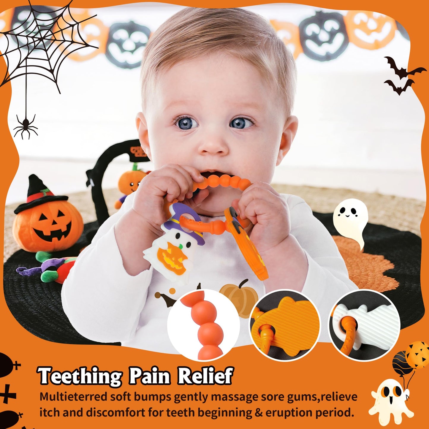 Baby Halloween Teething Toys, Soft Pumpkin & Ghost Textured Silicone Teether for 3-6 6-12 Months, BPA-Free Baby Halloween Teether Toys, Boo Basket Stuffers Sensory Gifts for Infant Boys & Girls