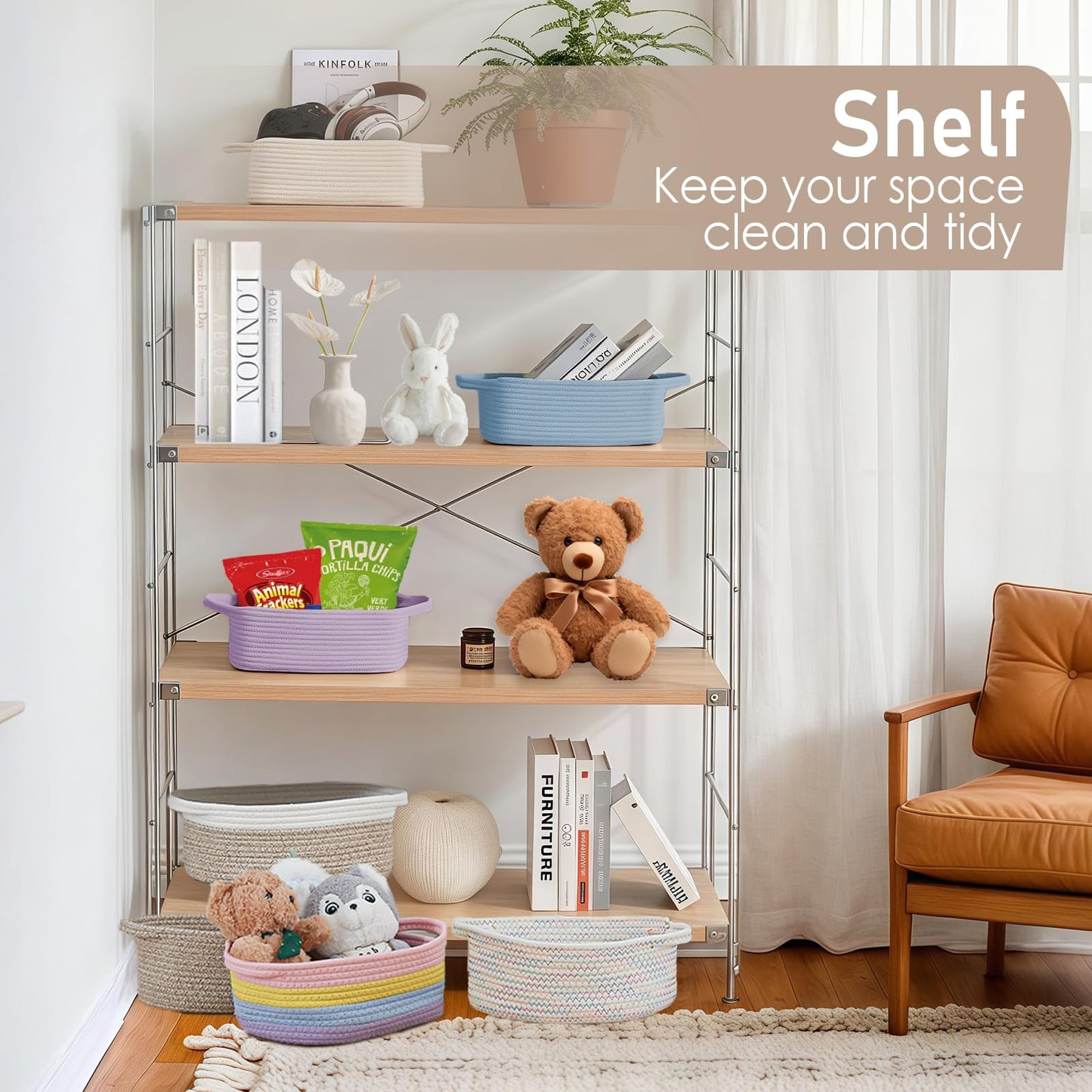 Woven Basket,Small Rope Storage Bin with Handles & Ribbon Bag, Organizer for Shelves Closets,Gift Basket Empty for Birthday,Books,Dog Toys,White