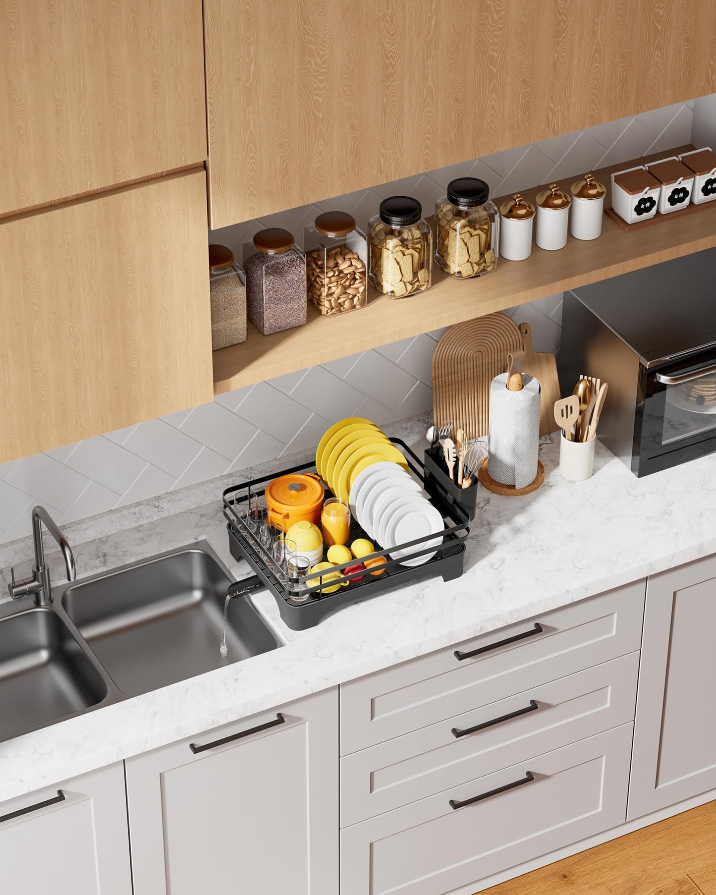 Kitsure Dish Drying Rack - Multi-Functional Dish Rack for Kitchen Counter with Cutlery Holder, Rust-Proof Storage Solution with Rotatable, 18.3" x 12.0" x 5.5", Black